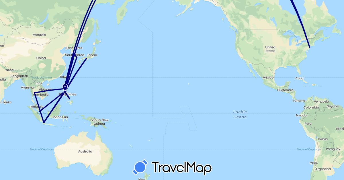 TravelMap itinerary: driving, plane in Indonesia, Japan, South Korea, Philippines, Singapore, Thailand, United States (Asia, North America)